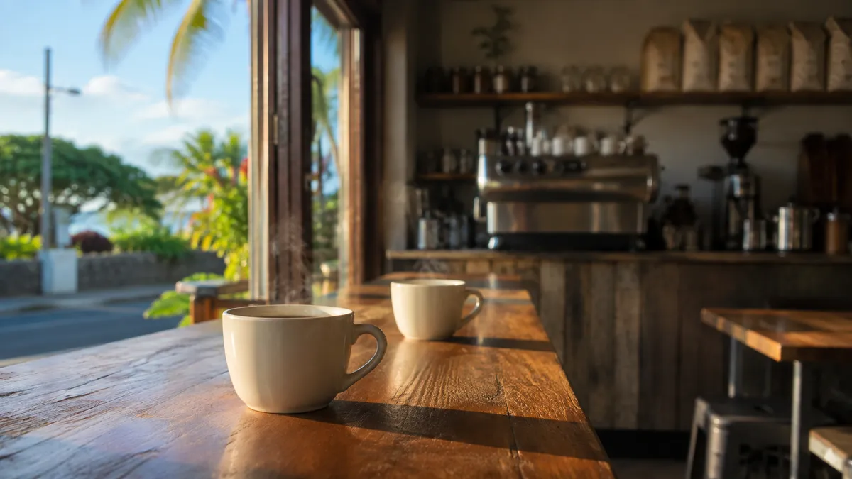 朝の光が差し込むハワイの小さなコーヒー店のカウンターと、湯気の立つカップが並んだ情景
