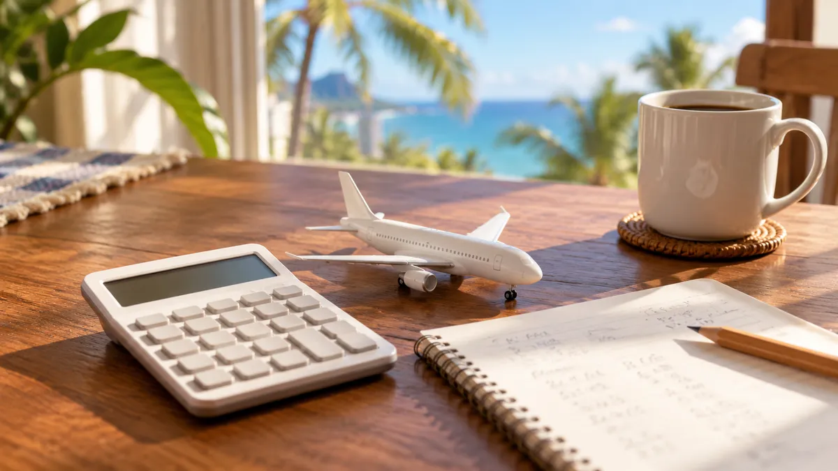 午後の部屋のテーブルに置かれた電卓と小さな飛行機の模型、書き込みのあるメモ帳
