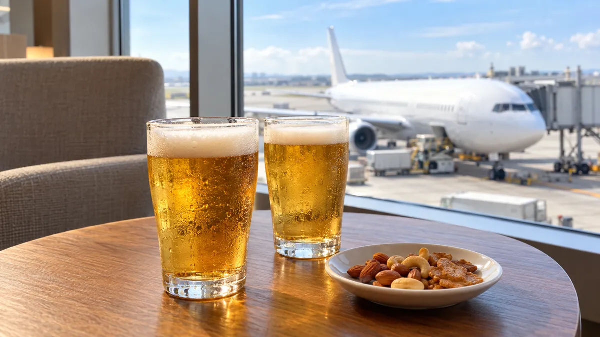 空港ラウンジの窓際に置かれたビールのグラスと、窓の外に見える駐機中の旅客機