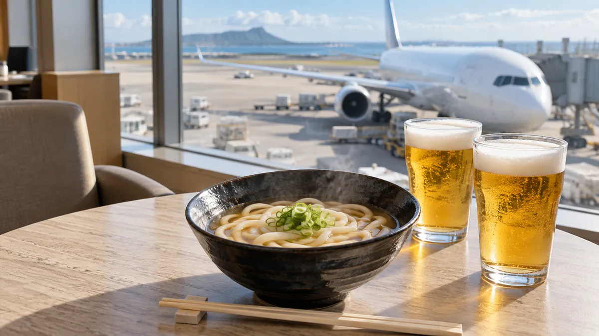 空港ラウンジの窓際のテーブルに置かれた、うどんの器とビールのグラス2つ、窓の外に駐機中の旅客機