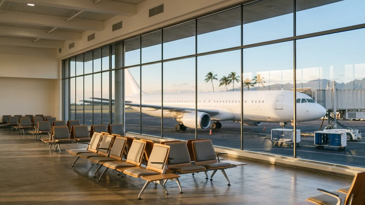 ホノルルの空港ターミナルで、ひとつになった航空会社の便を待つ搭乗待合の風景