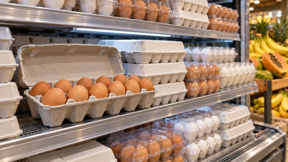 ハワイのスーパーの冷蔵棚に並ぶ、ハワイ産と本土産の卵のパック