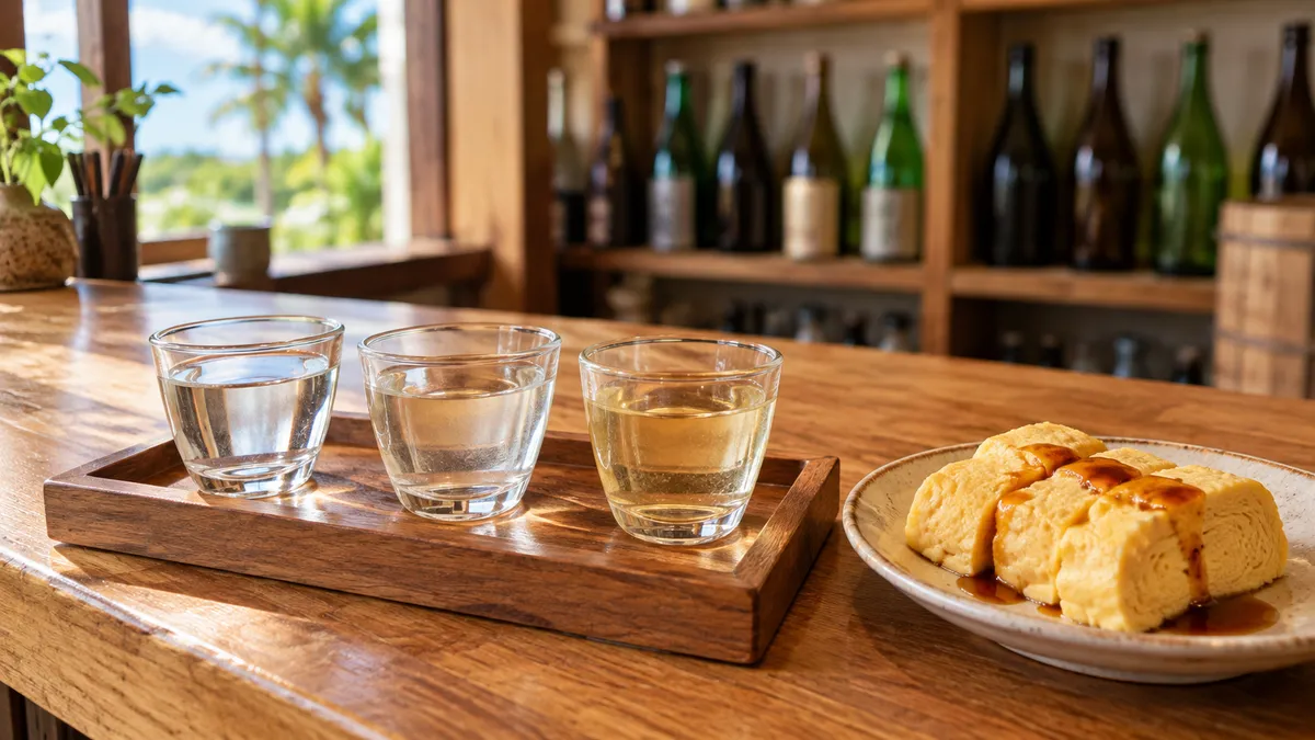 木のカウンターに並んだ小さなグラス3つの日本酒と、だし巻き卵の小皿
