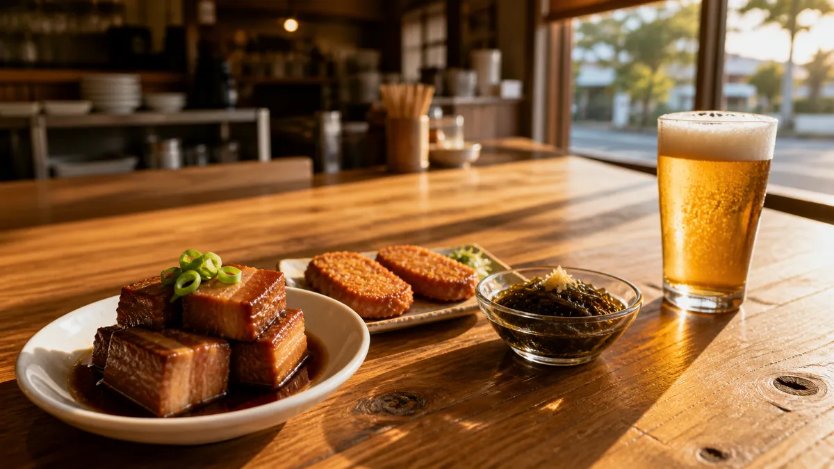 ワイキキの店先に並ぶ沖縄の一皿と冷えたビールのイメージ