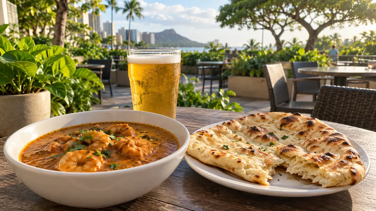 夕方の明るい屋外テラスのテーブルに、インドカレーの器とナン、グラスのビールが並んでいる様子