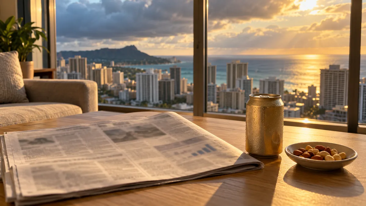 ワイキキの部屋のテーブルに広げた新聞と冷えた缶ビール、窓の外に夕方の雲