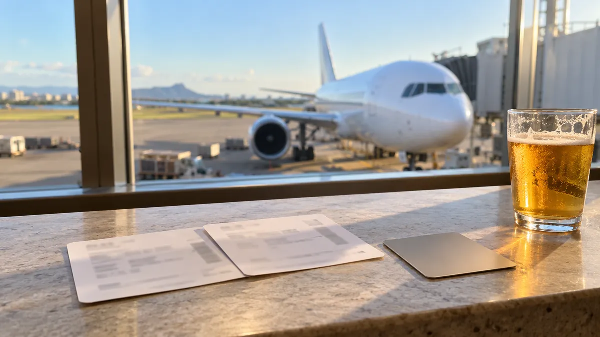 空港の窓辺のカウンターに置かれた2枚の搭乗券とクレジットカード、窓の外に駐機中の旅客機