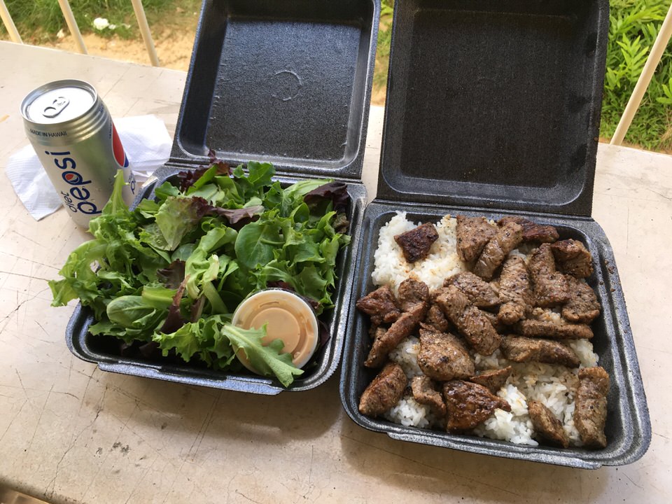 片方にはサラダ、もう片方にはコメとステーキ