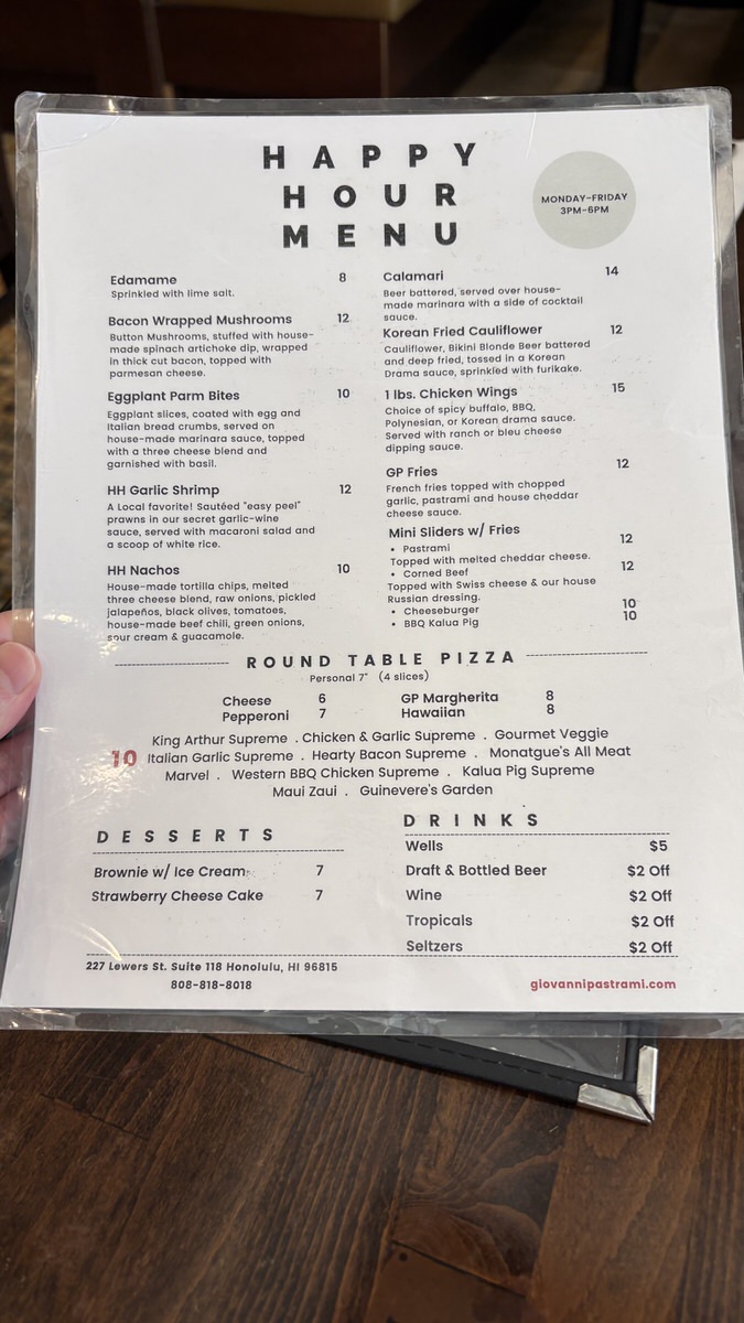 Giovanni Pastramiのハッピーアワーメニュー