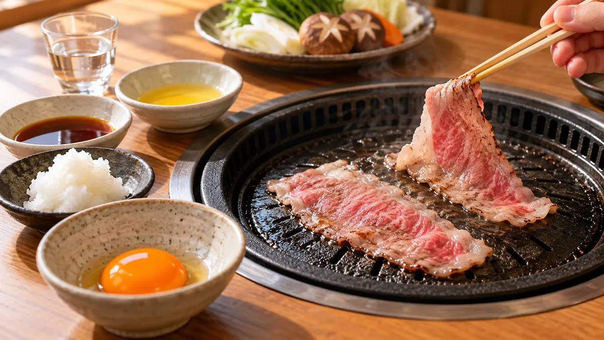鉄板の上で薄切りの牛肉をさっとあぶり、横に卵黄の入った小鉢と日本酒のグラスが並ぶ焼肉の卓